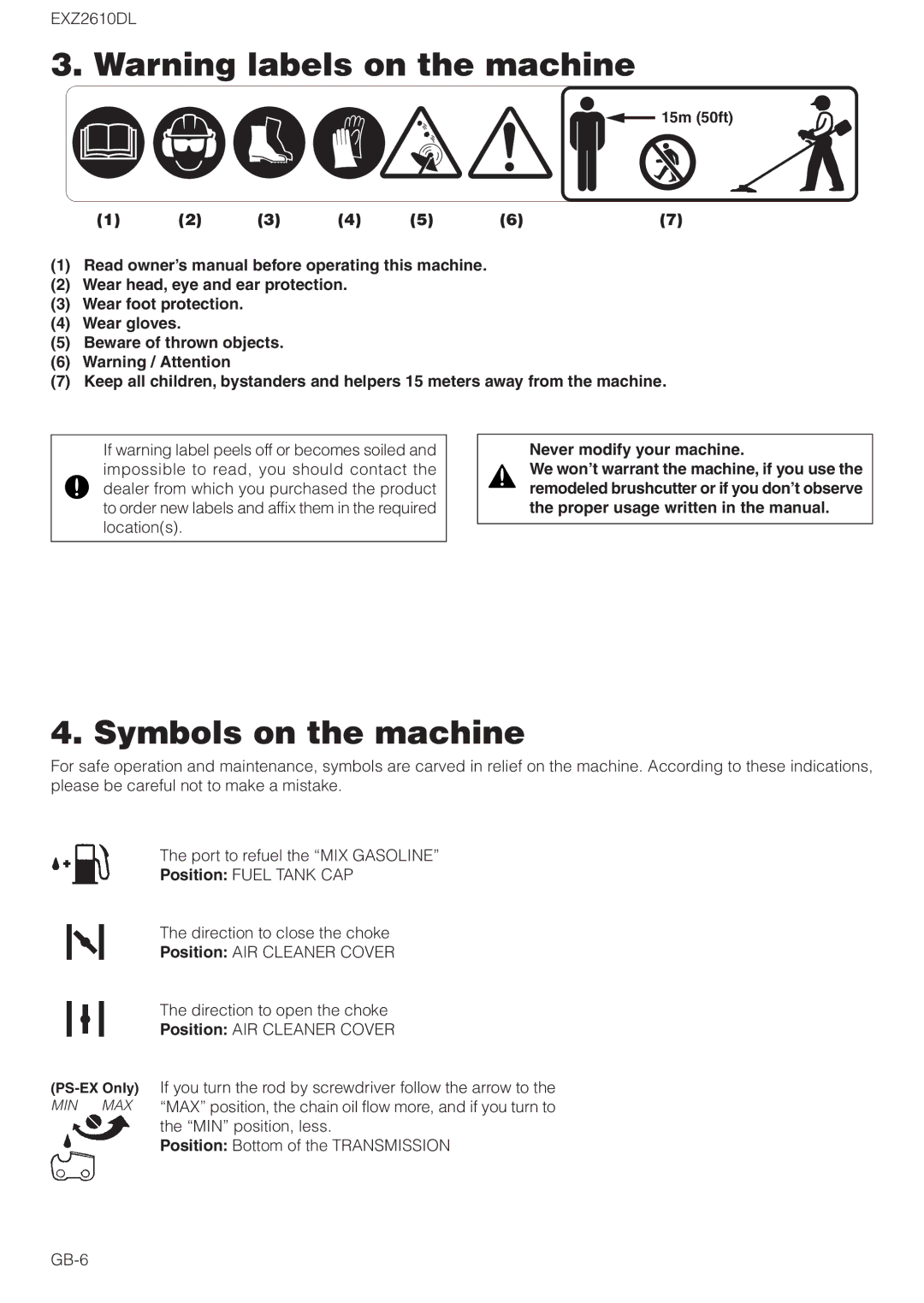 Zenoah EXZ2610DL owner manual Symbols on the machine, Never modify your machine 