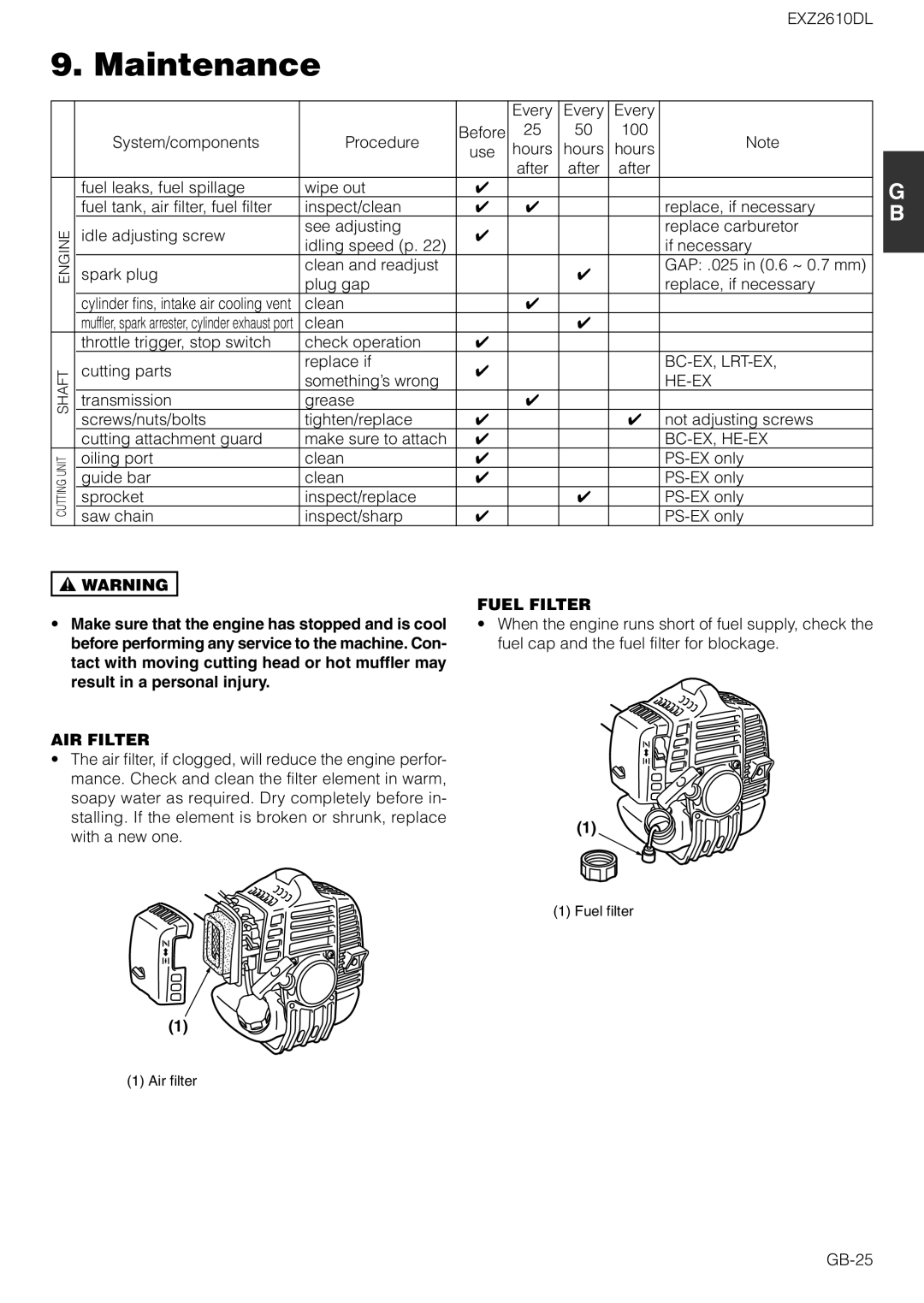 Zenoah EXZ2610DL owner manual Maintenance, Air Filter, Fuel Filter 