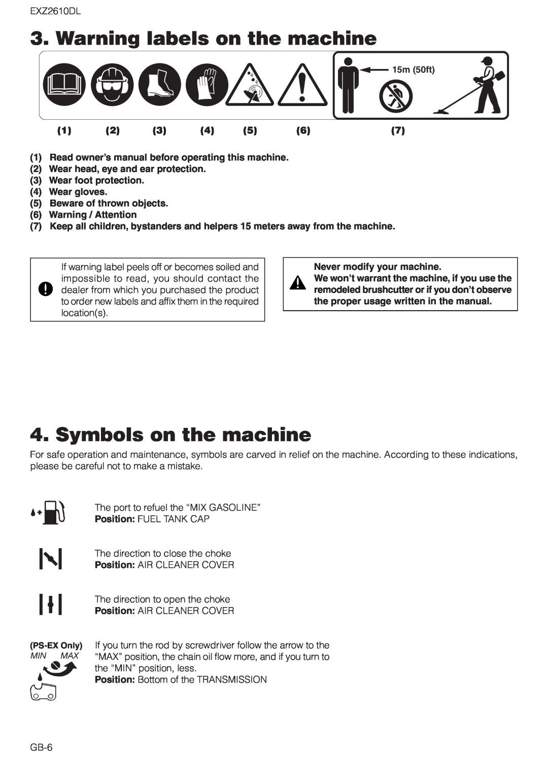 Zenoah EXZ2610DL Warning labels on the machine, Symbols on the machine, Read owner’s manual before operating this machine 