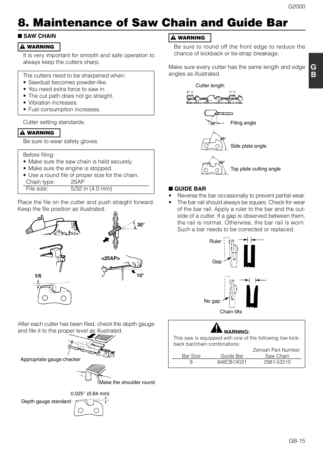 Zenoah G2000 owner manual Maintenance of Saw Chain and Guide Bar, SAW Chain, Guide BAR, GB-15 