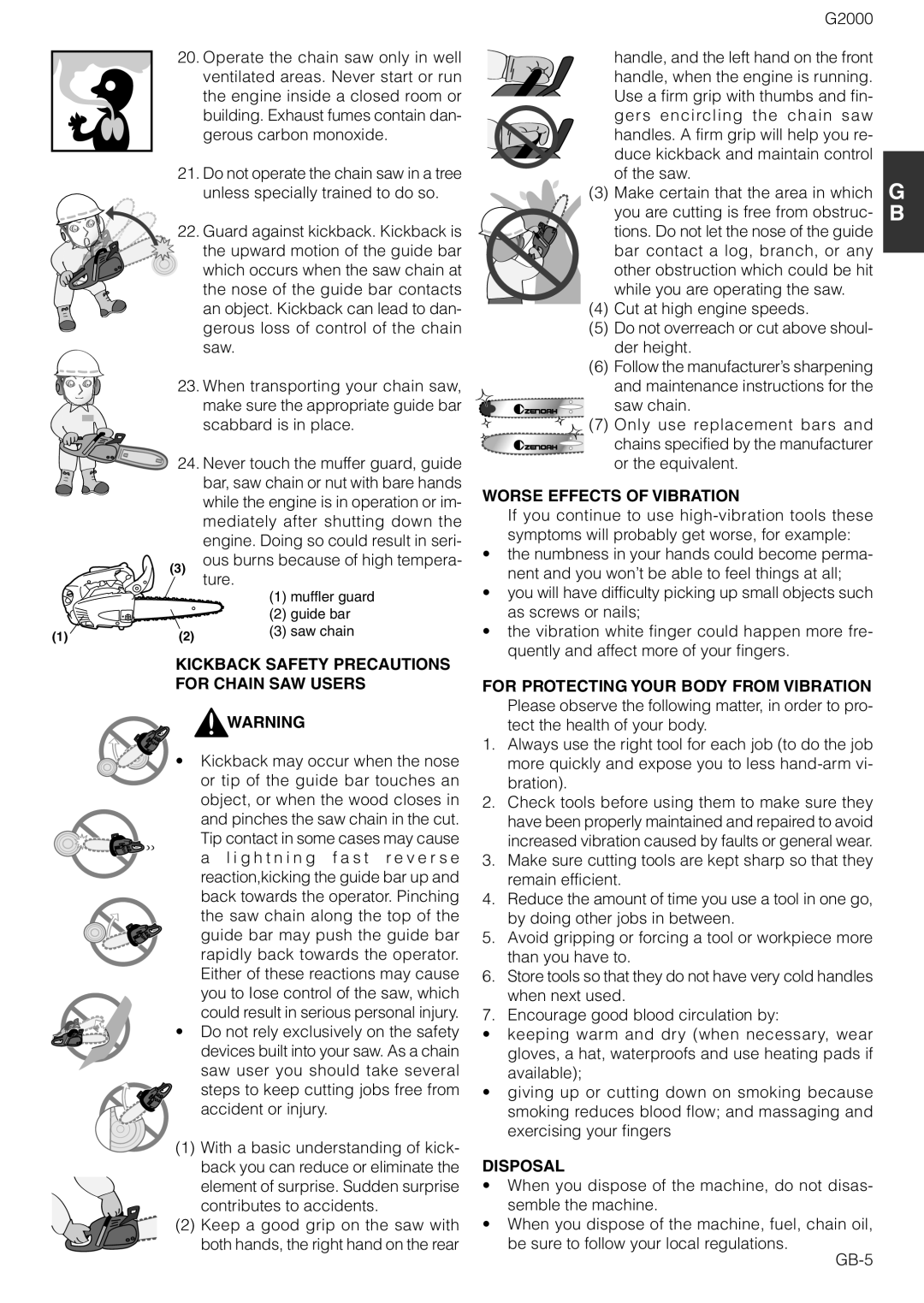 Zenoah G2000 owner manual Kickback Safety Precautions, For Chain SAW Users, Worse Effects of Vibration, Disposal 