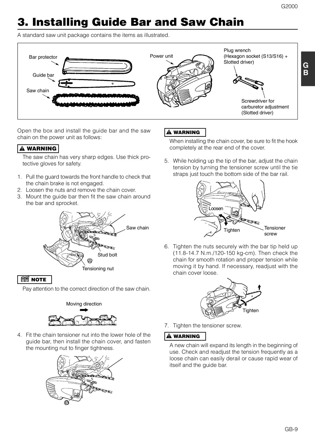 Zenoah G2000 owner manual Installing Guide Bar and Saw Chain 