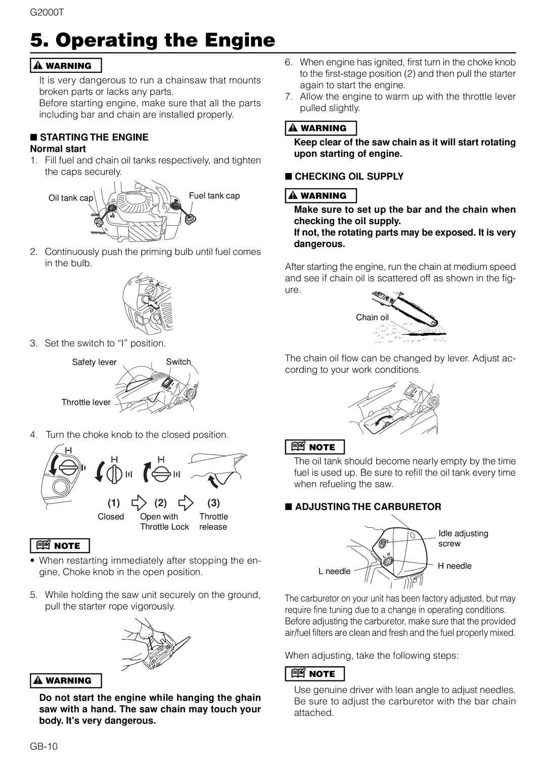 Zenoah G2000T Operating the Engine, Starting the Engine Normal start, Checking OIL Supply, Adjusting the Carburetor 