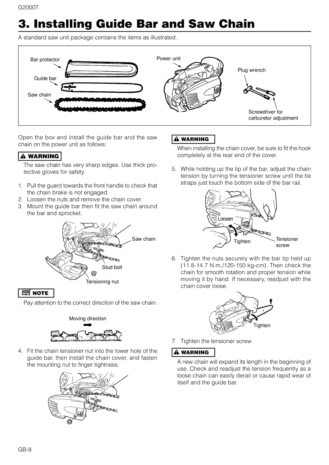 Zenoah G2000T owner manual Installing Guide Bar and Saw Chain, Standard saw unit package contains the items as illustrated 