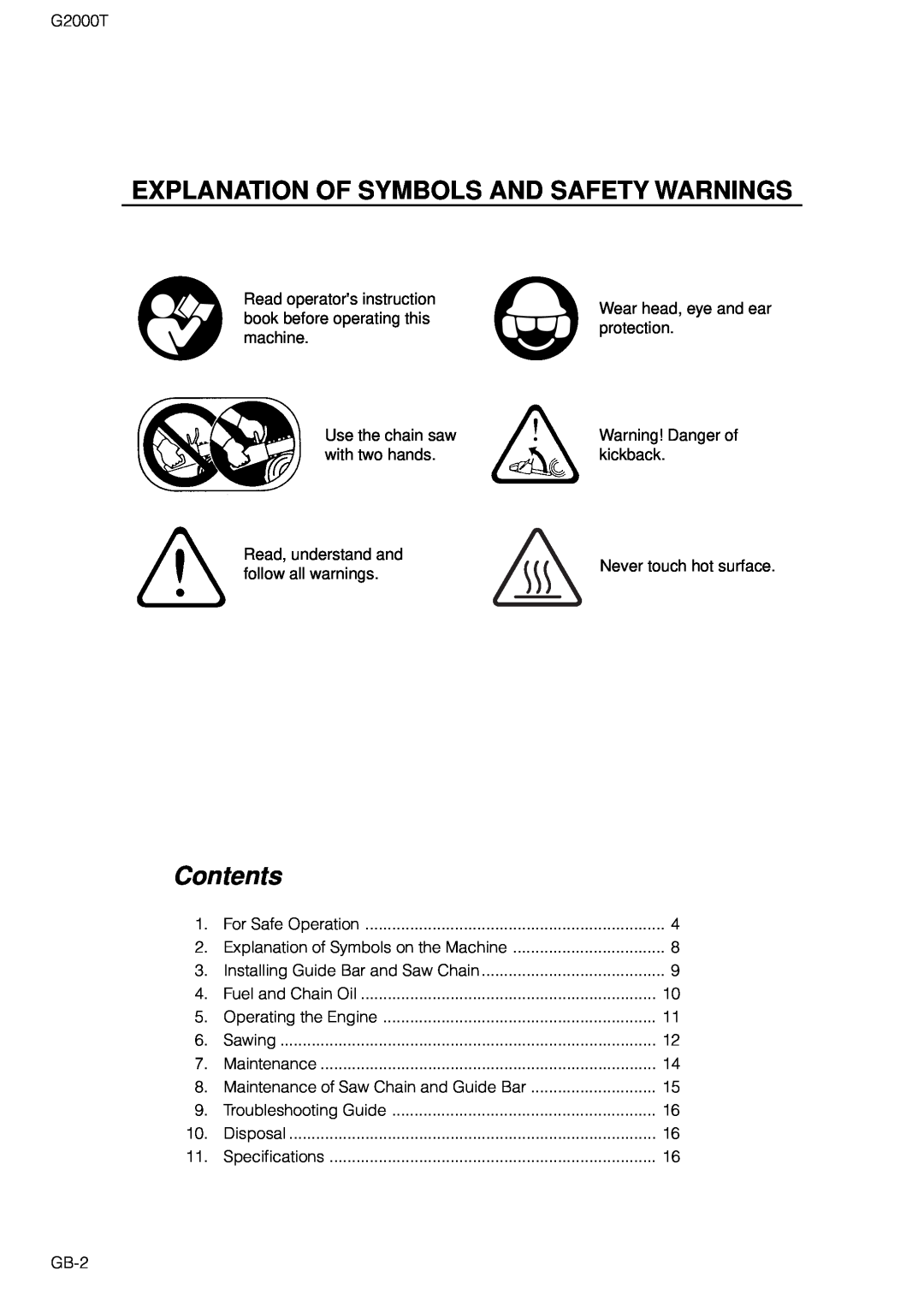 Zenoah G2000T owner manual Explanation Of Symbols And Safety Warnings, Contents 