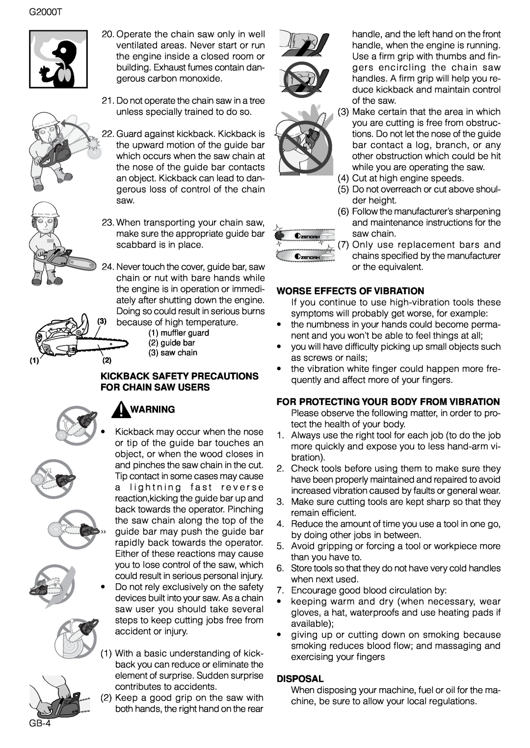 Zenoah G2000T owner manual Kickback Safety Precautions, For Chain Saw Users, Worse Effects Of Vibration, Disposal 