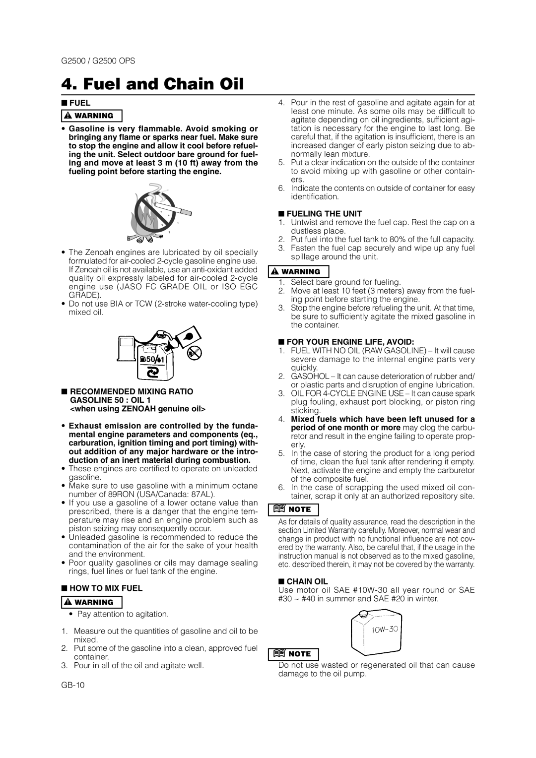 Zenoah G2500 OPS owner manual Fuel and Chain Oil 