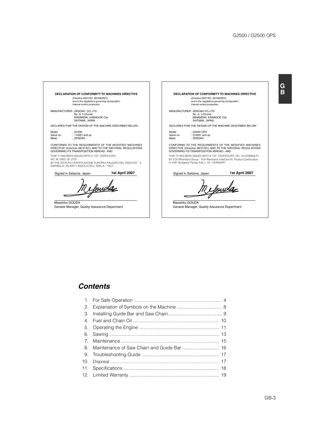 Zenoah G2500 OPS owner manual Contents 