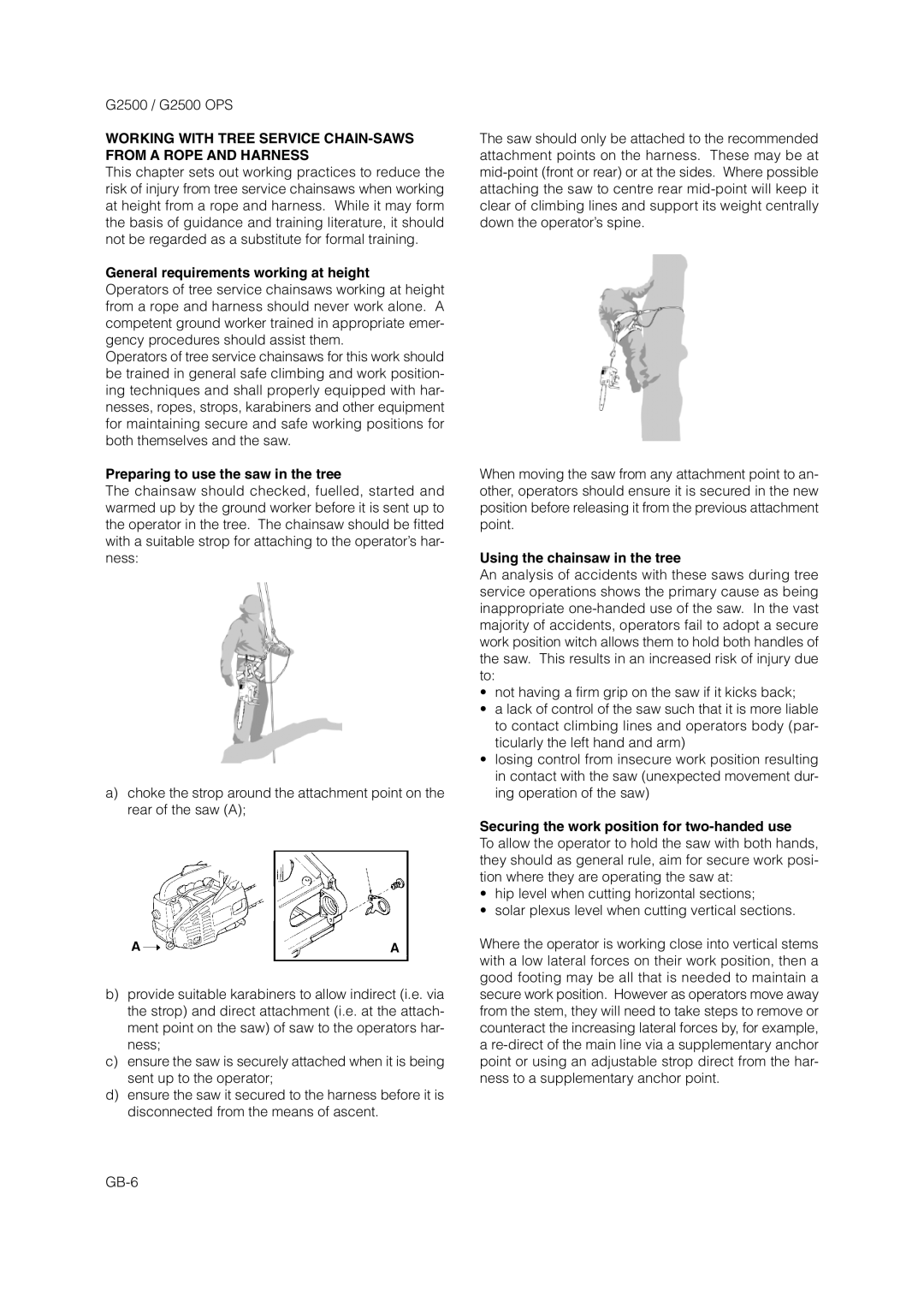 Zenoah G2500 OPS owner manual General requirements working at height, Preparing to use the saw in the tree 