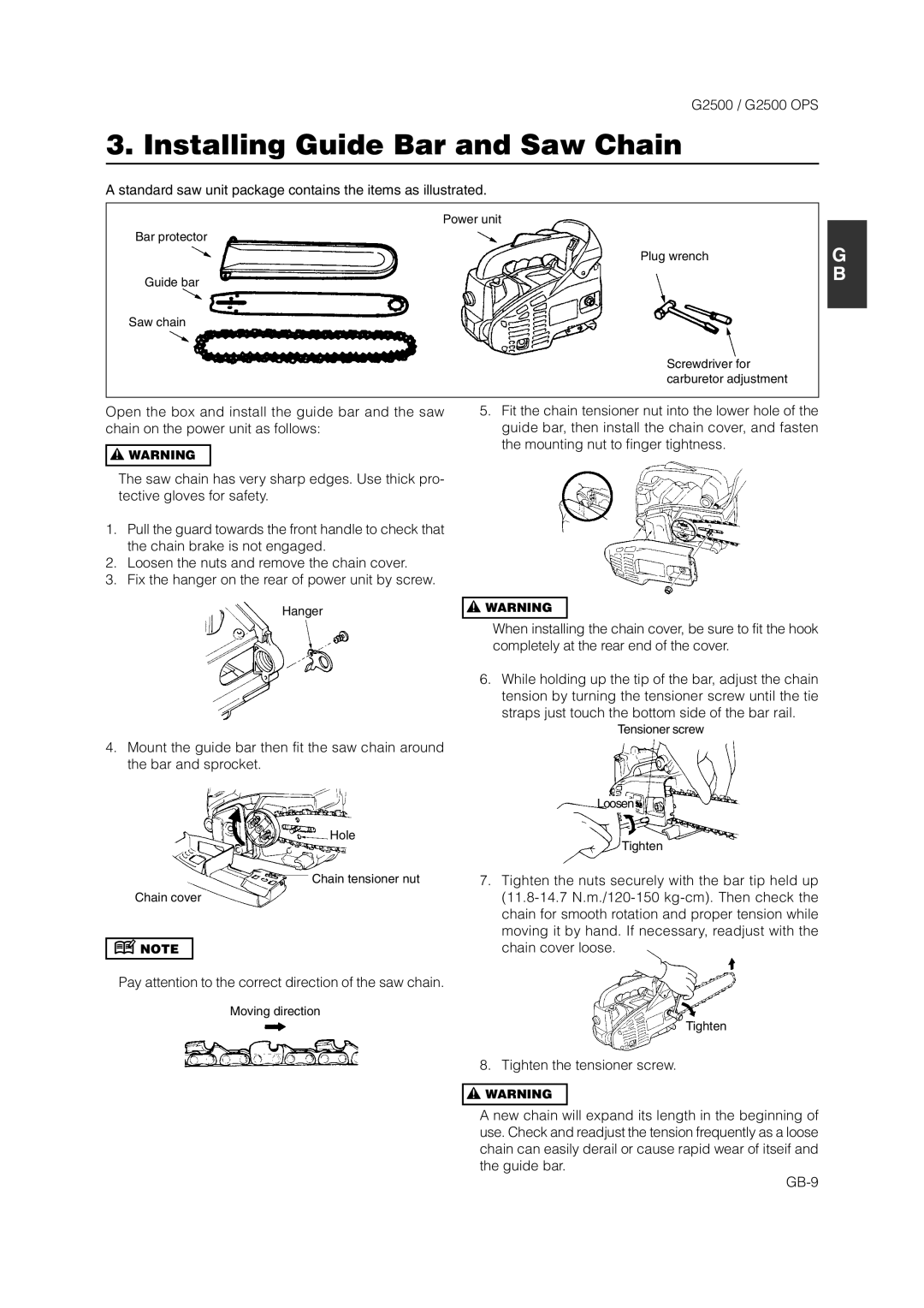 Zenoah G2500 OPS Installing Guide Bar and Saw Chain, Standard saw unit package contains the items as illustrated 