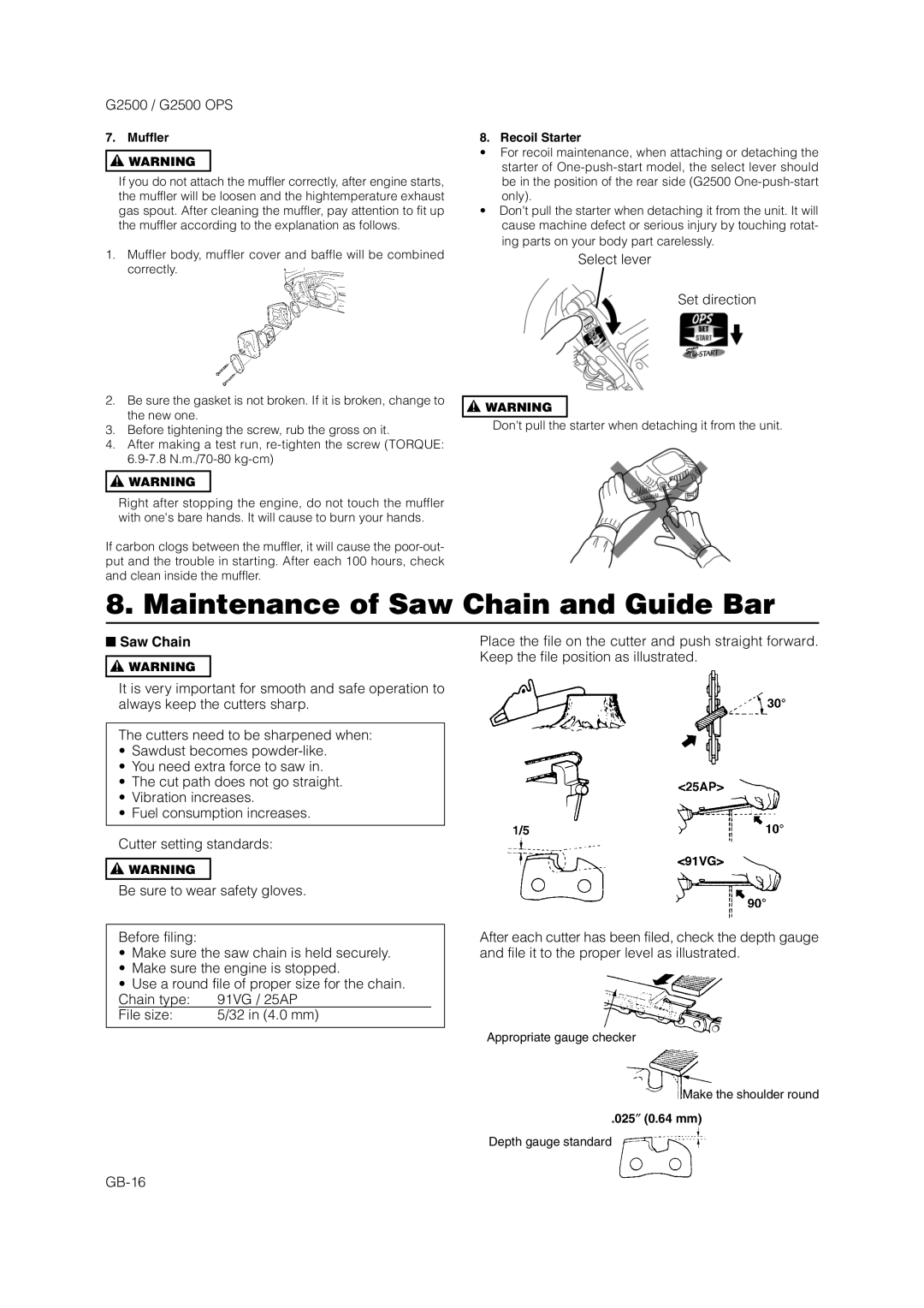 Zenoah G2500 OPS owner manual Maintenance of Saw Chain and Guide Bar 