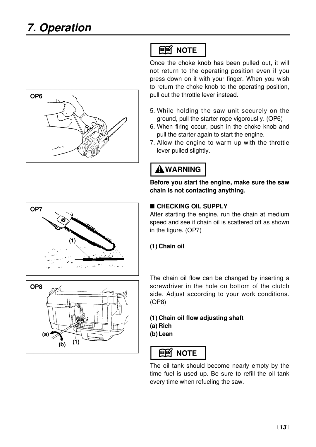 Zenoah G2500TS manual OP6 OP7 OP8, Checking OIL Supply, Chain oil flow adjusting shaft Rich Lean 