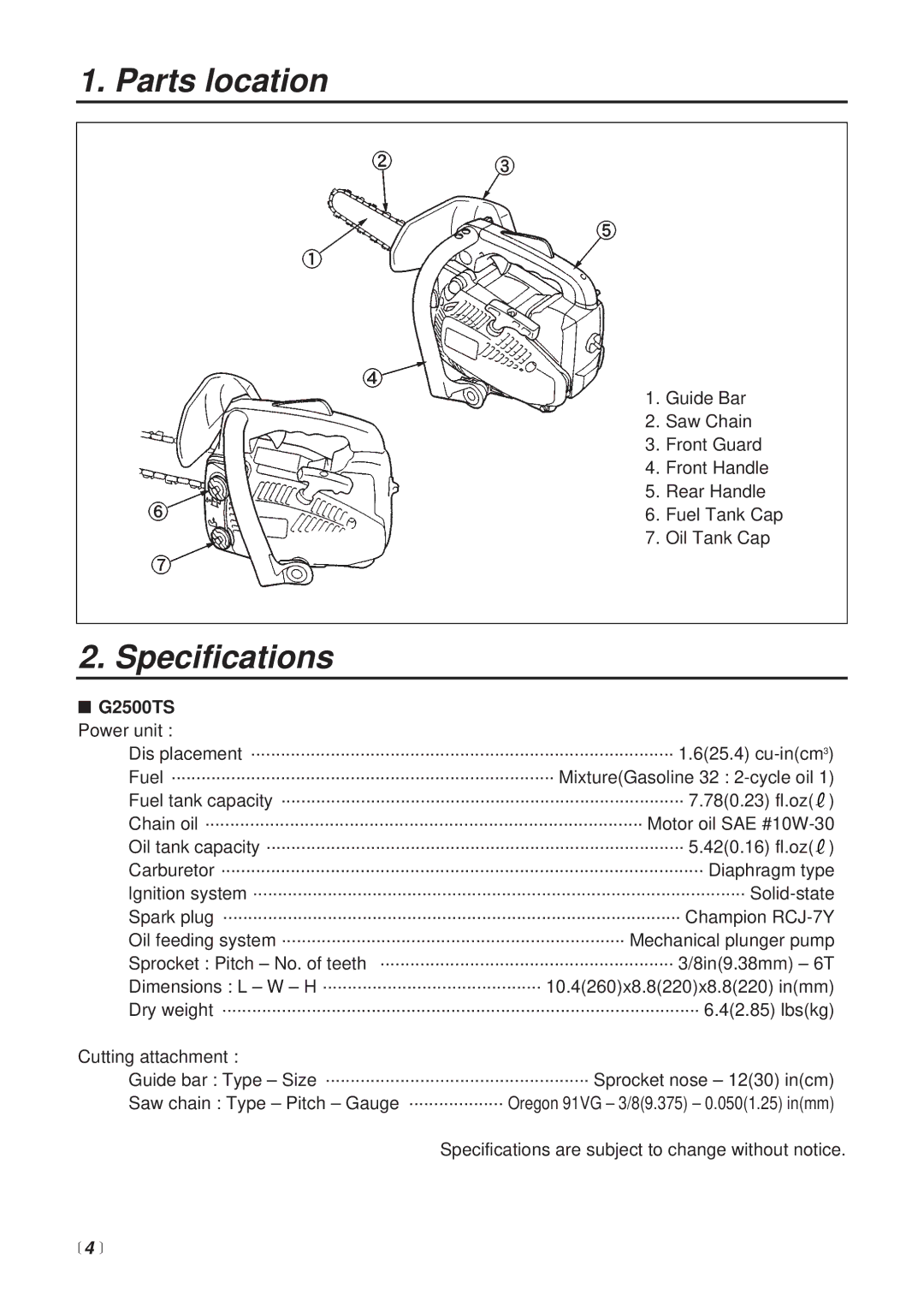 Zenoah manual Parts location, Specifications, G2500TS Power unit 