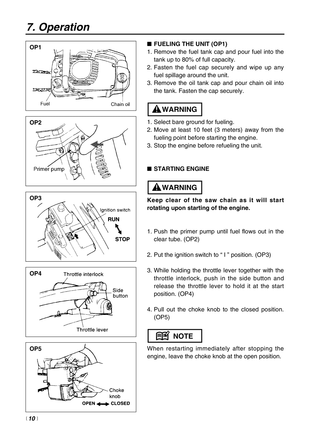 Zenoah G3000 manual Operation, OP1 OP2 OP3 OP4 OP5 Fueling the Unit OP1, Starting Engine 