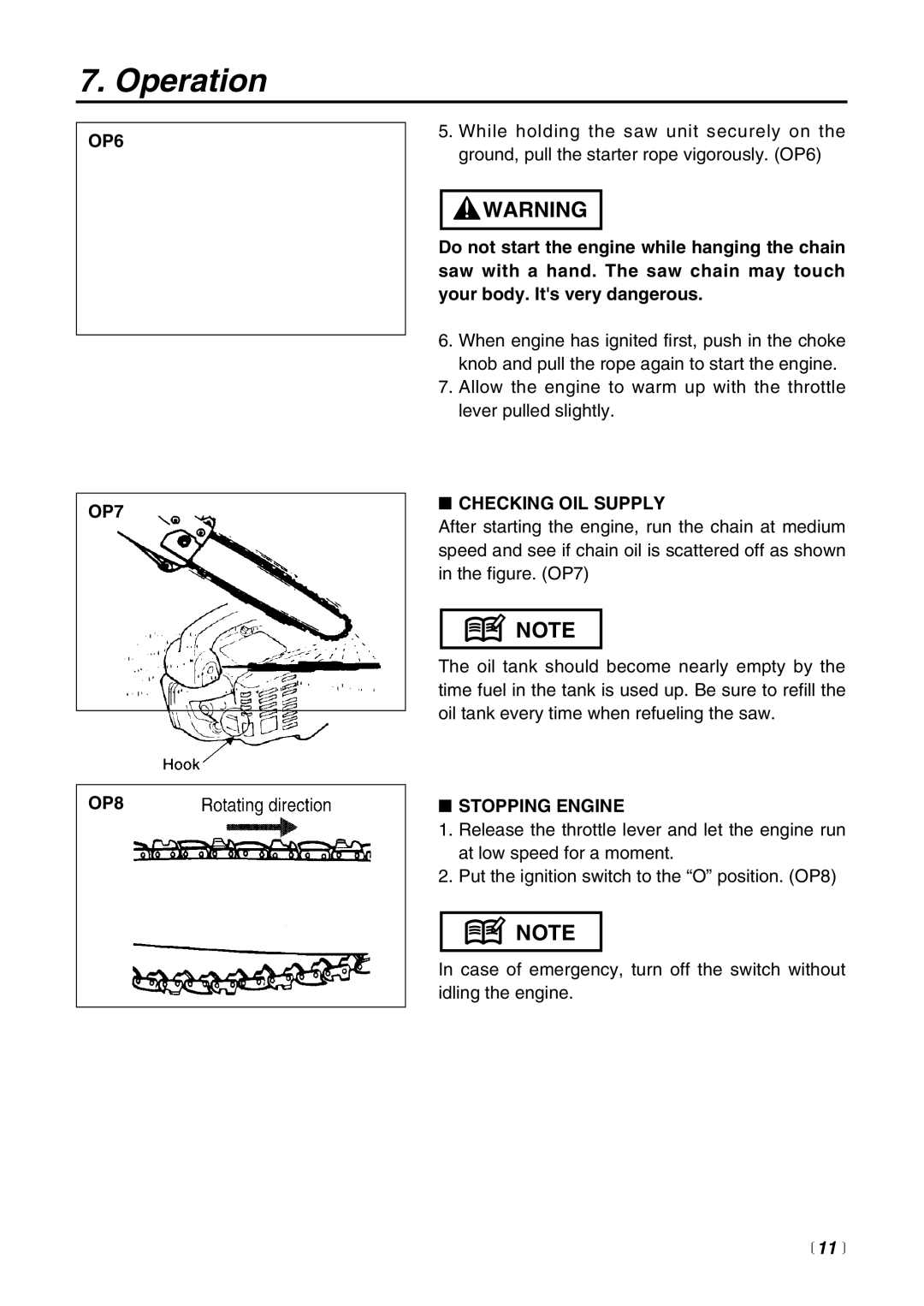 Zenoah G3000 manual OP6 OP7 OP8, Checking OIL Supply, Stopping Engine 