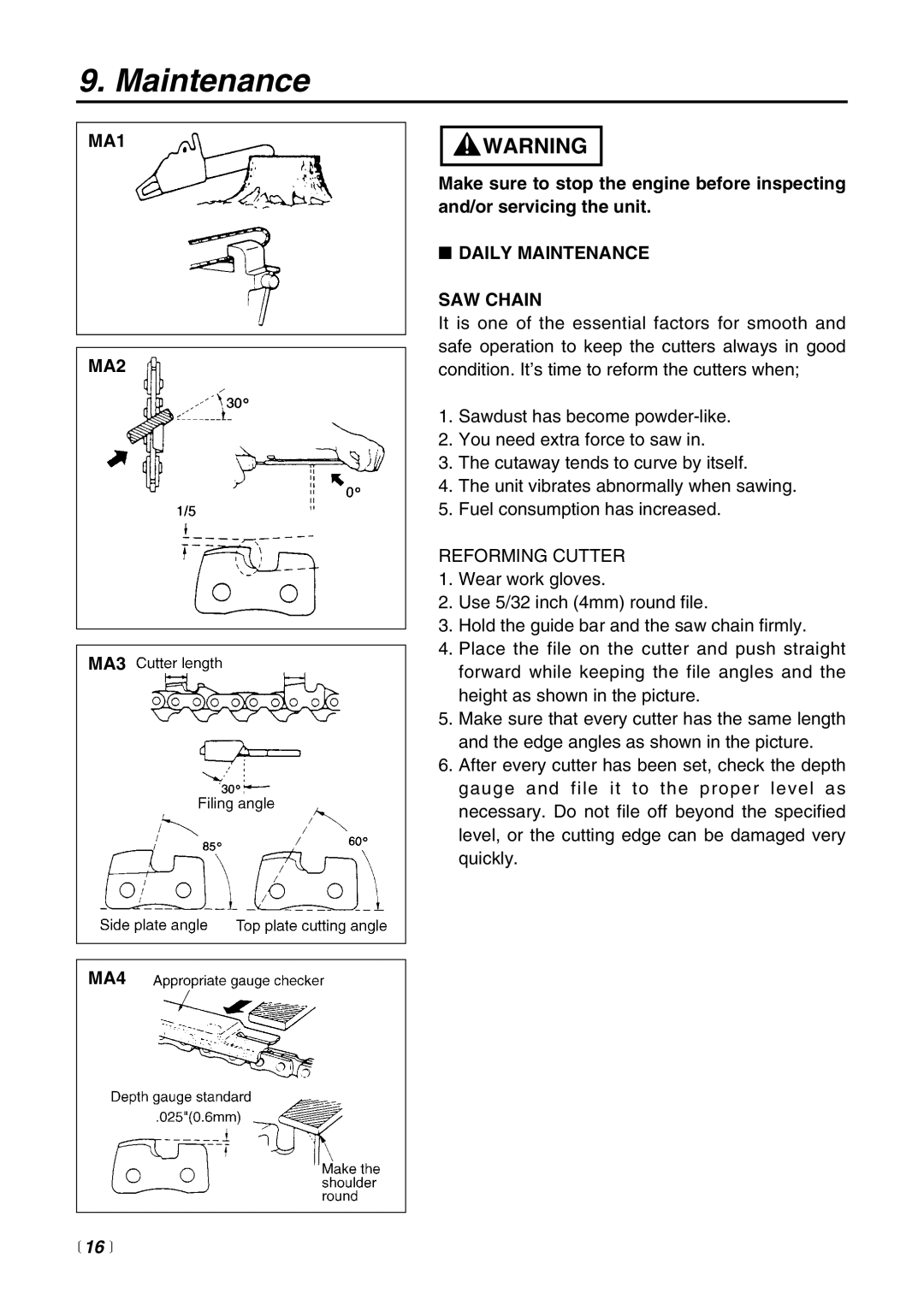 Zenoah G3000 manual MA1 MA2 MA3 MA4, Daily Maintenance SAW Chain 