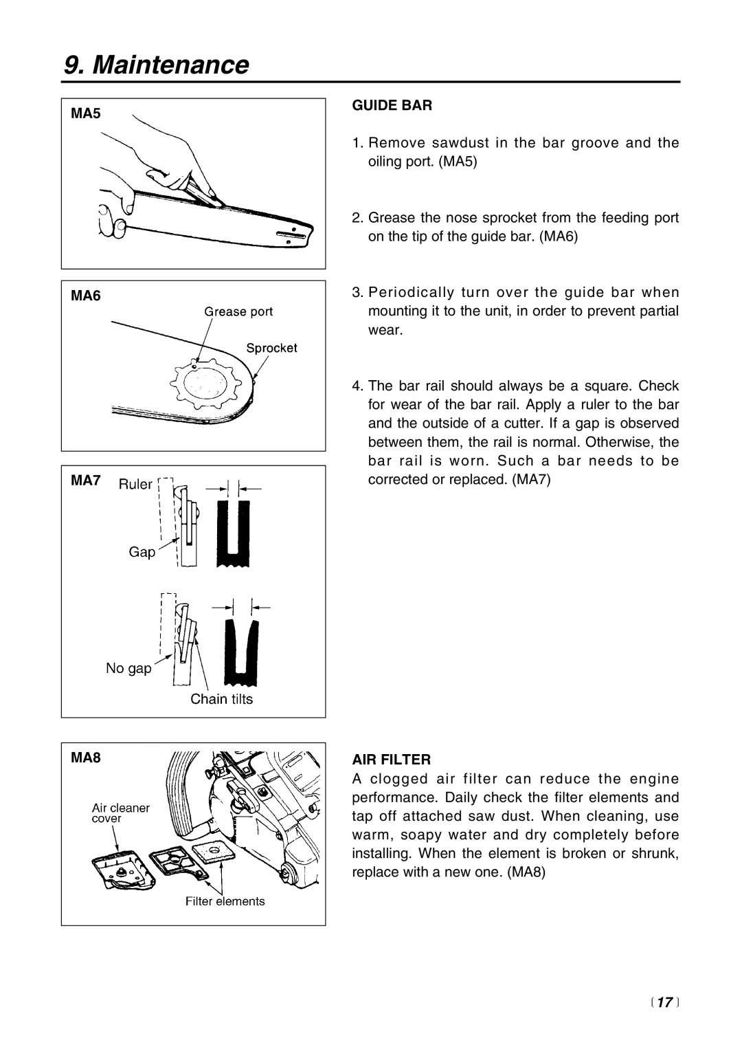 Zenoah G3000 manual MA5 MA6 MA7 MA8 Guide BAR, AIR Filter 