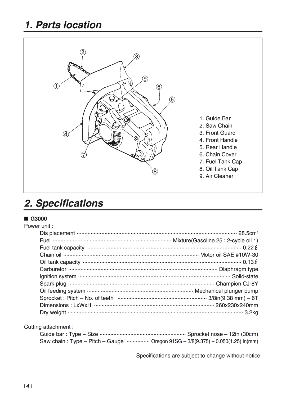 Zenoah G3000 manual Parts location, Specifications 