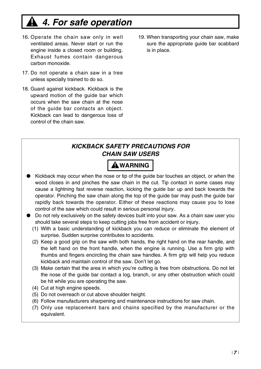 Zenoah G3000 manual Kickback Safety Precautions for Chain SAW Users 