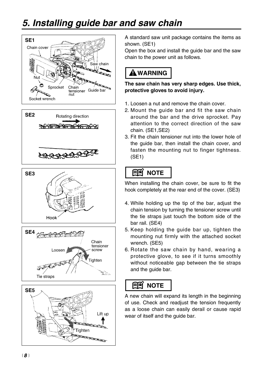 Zenoah G3000 manual Installing guide bar and saw chain, SE1 SE2 SE3 SE4 SE5 