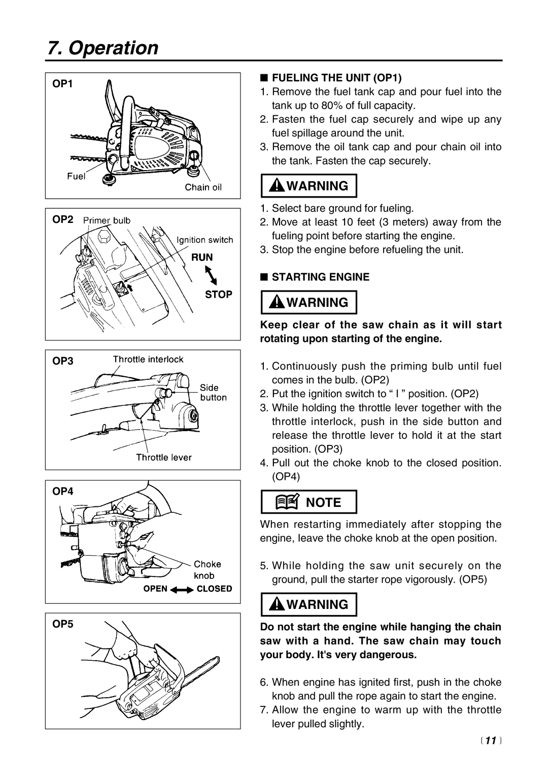 Zenoah G3100T manual Operation, OP1 OP2 OP3 OP4 OP5 Fueling the Unit OP1, Starting Engine 