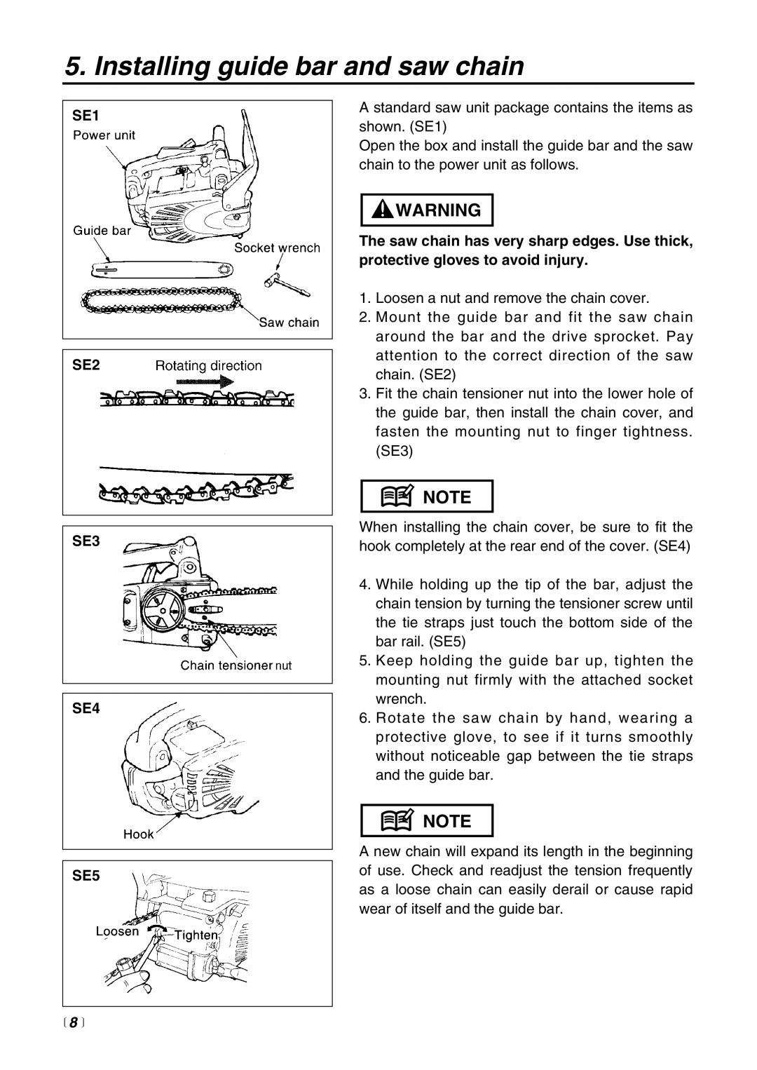 Zenoah G3100T manual Installing guide bar and saw chain, SE1 SE2 SE3 SE4 SE5 