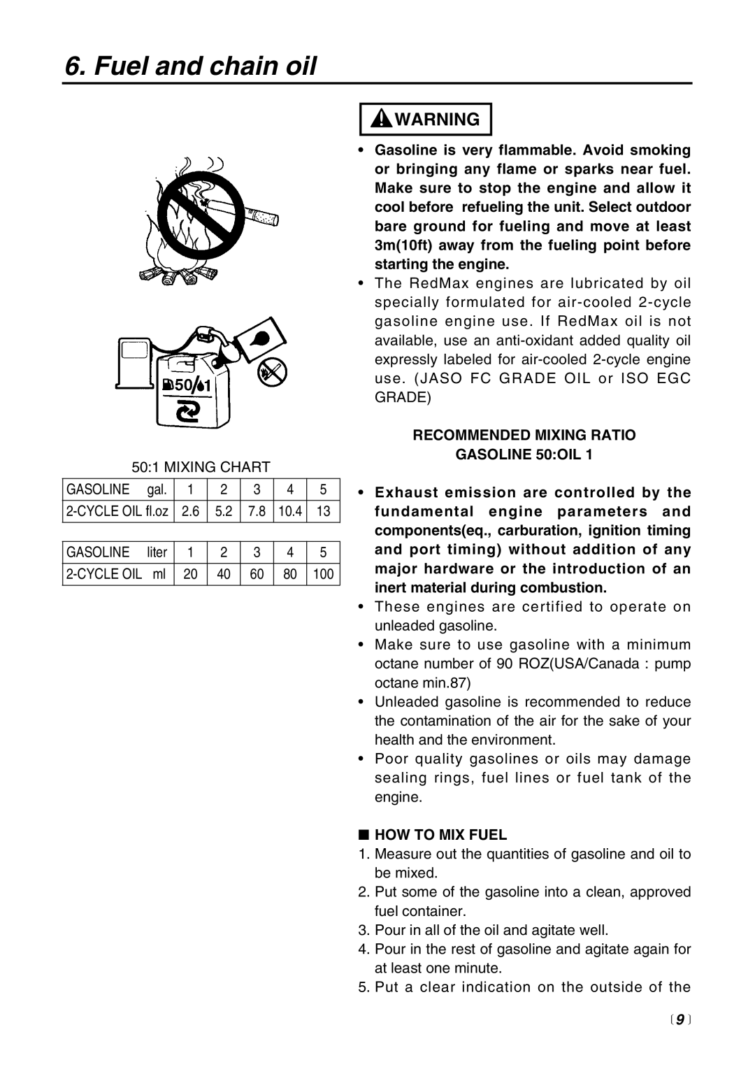 Zenoah G3100T manual Fuel and chain oil, Recommended Mixing Ratio Gasoline 50OIL, HOW to MIX Fuel 