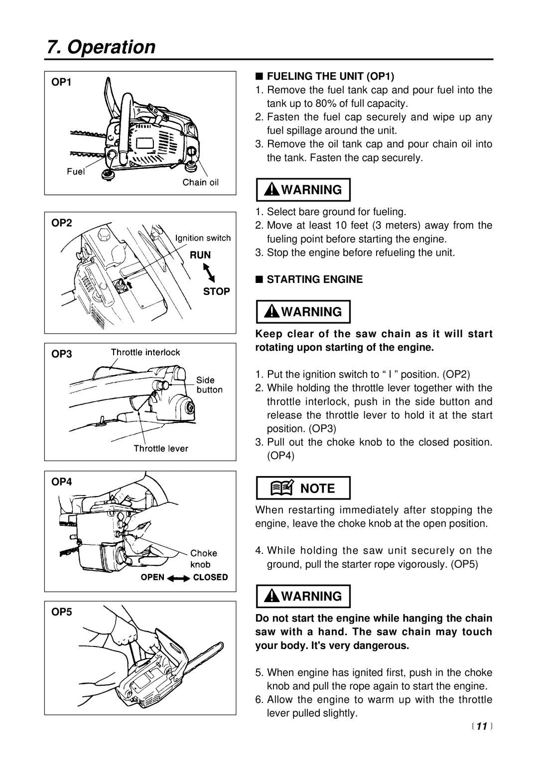 Zenoah G300TS, G310TS manual Operation, OP1 OP2 OP3 OP4 OP5 Fueling the Unit OP1, Starting Engine 