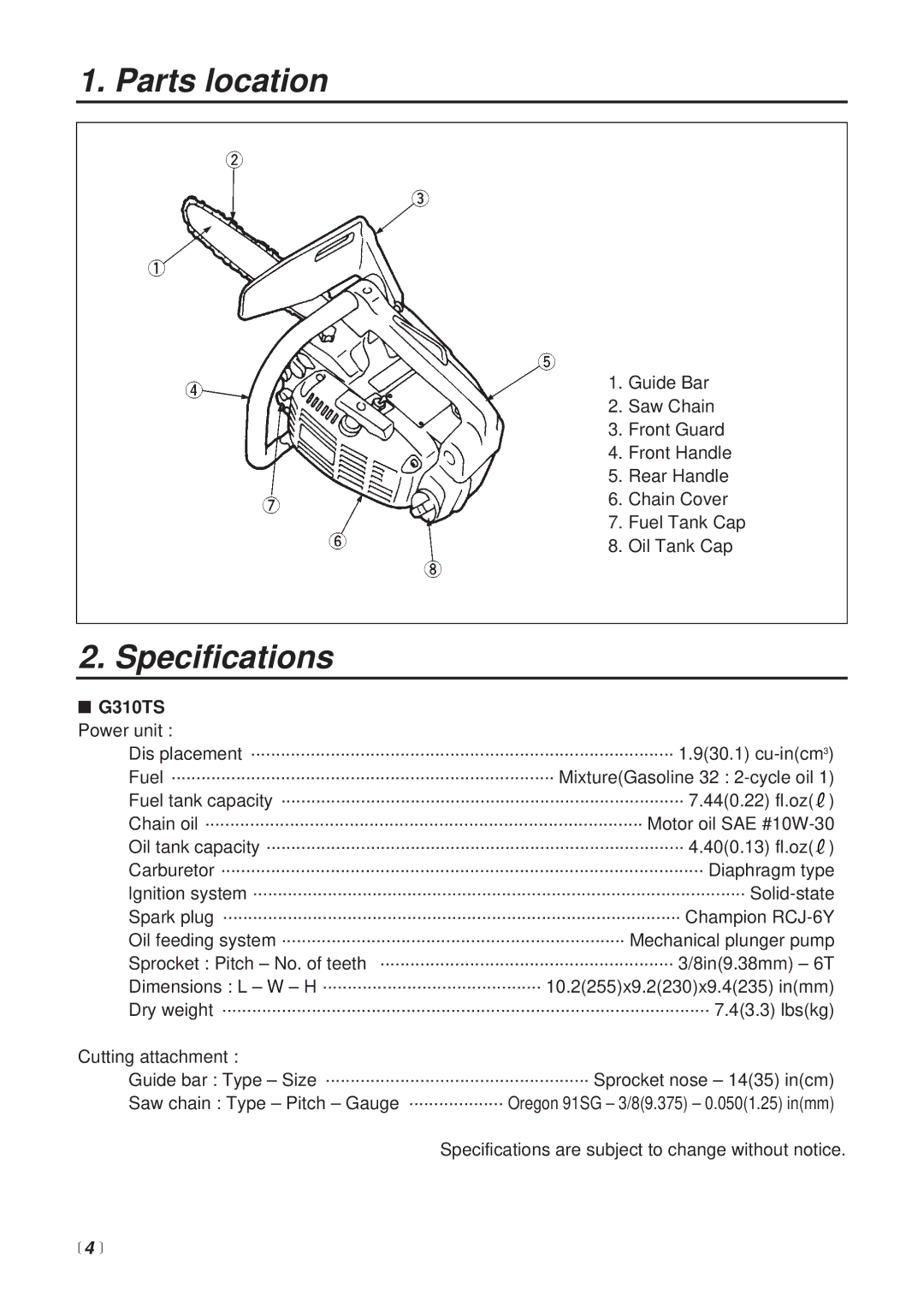 Zenoah G300TS manual Parts location, Specifications, G310TS Power unit 