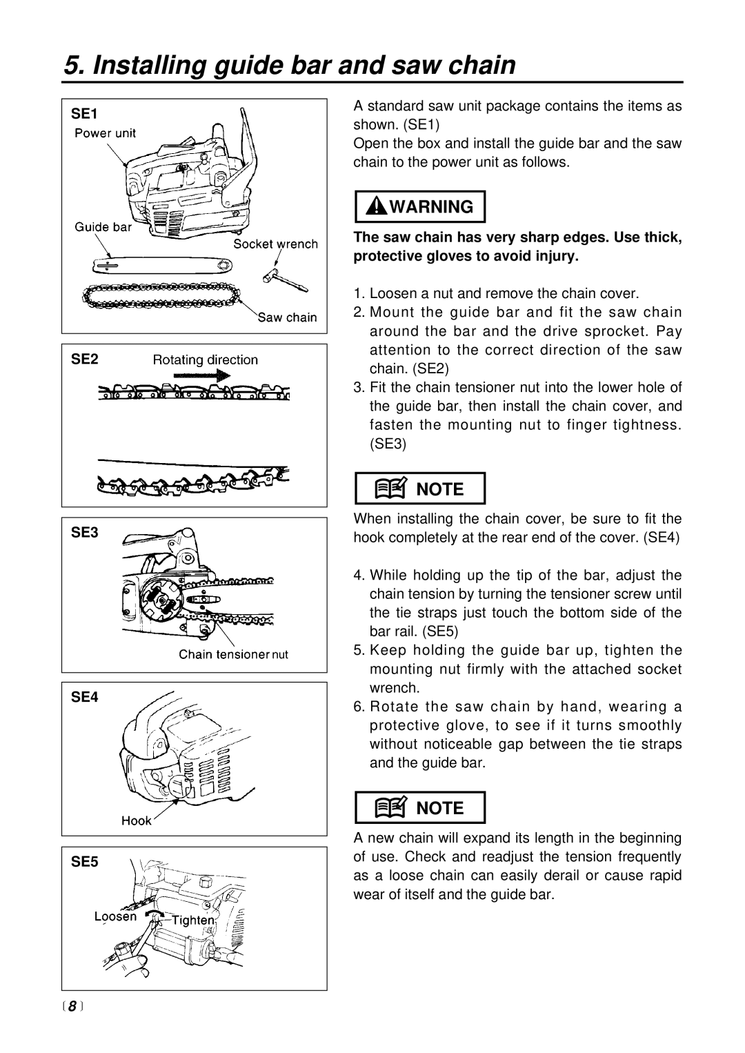 Zenoah G310TS, G300TS manual Installing guide bar and saw chain, SE1 SE2 SE3 SE4 SE5 