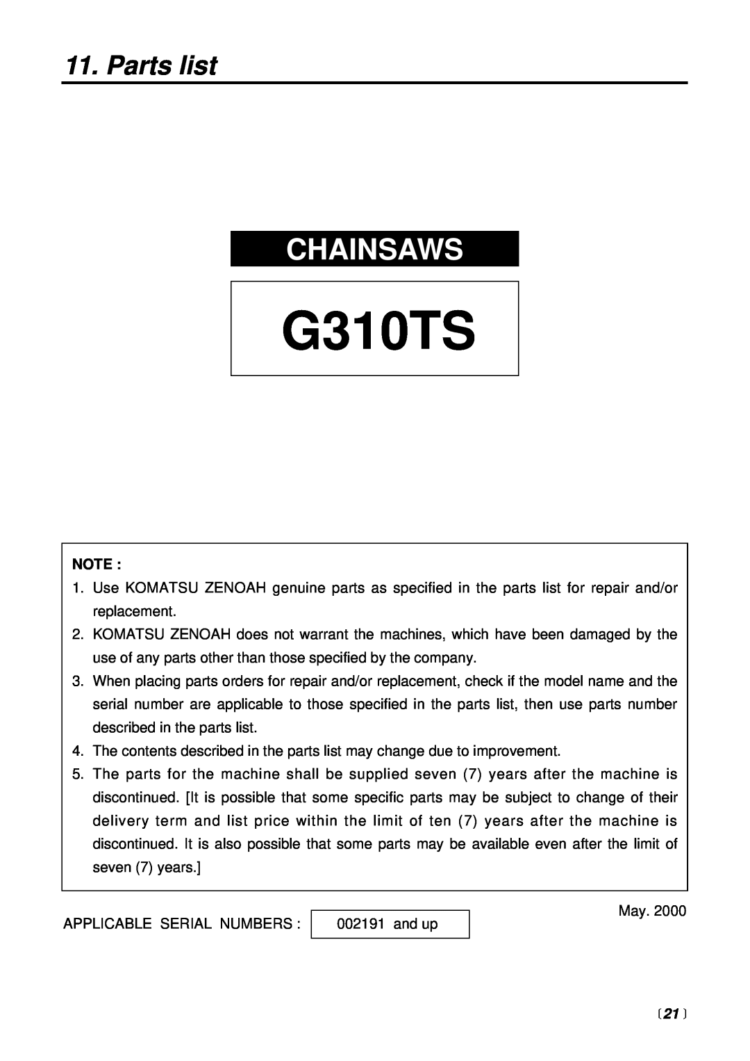 Zenoah G300TS manual Parts list,  21 , G310TS, Chainsaws 