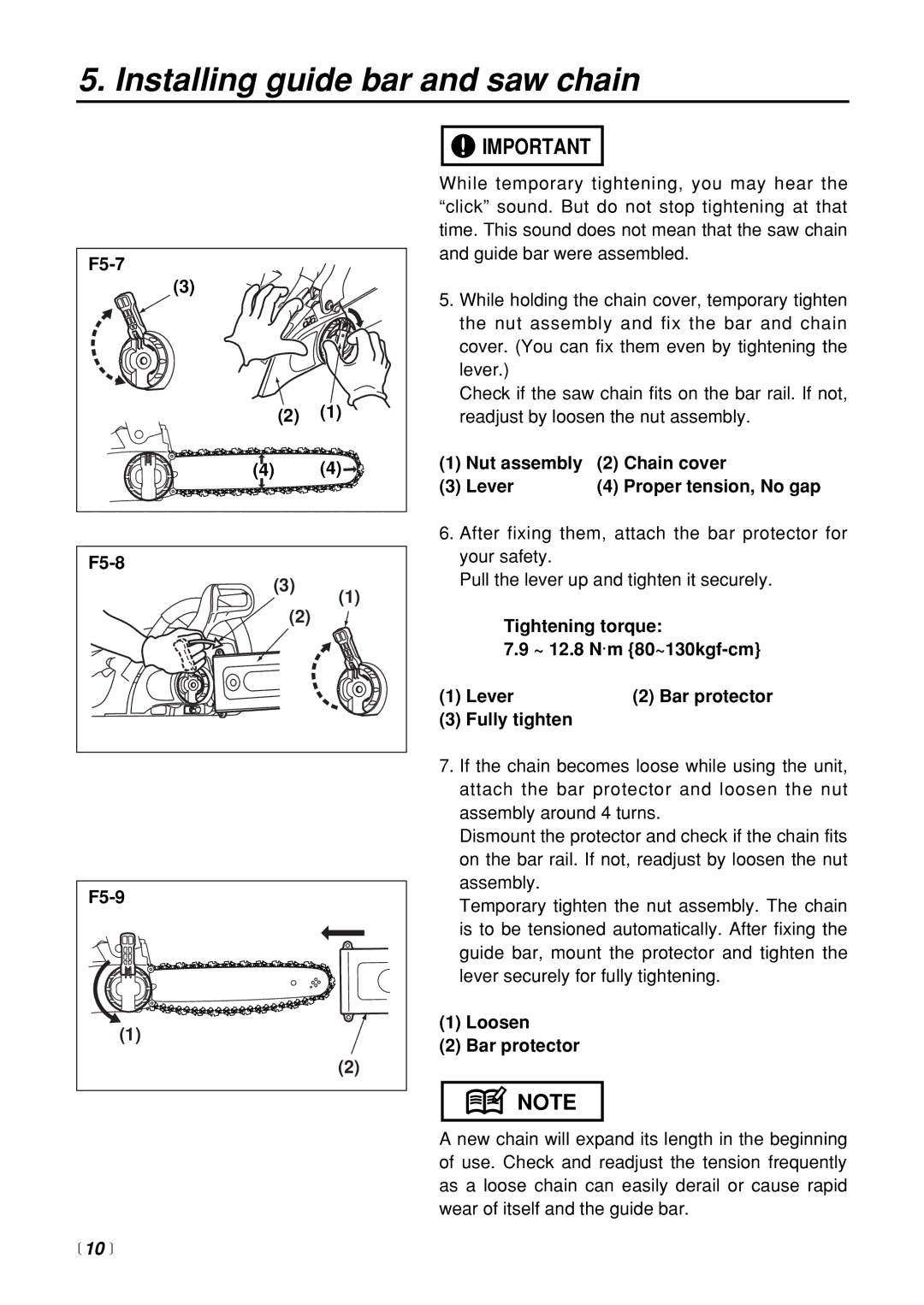 Zenoah G3200 manual F5-7 F5-8, Nut assembly Chain cover Lever Proper tension, No gap,  10 , Loosen Bar protector 