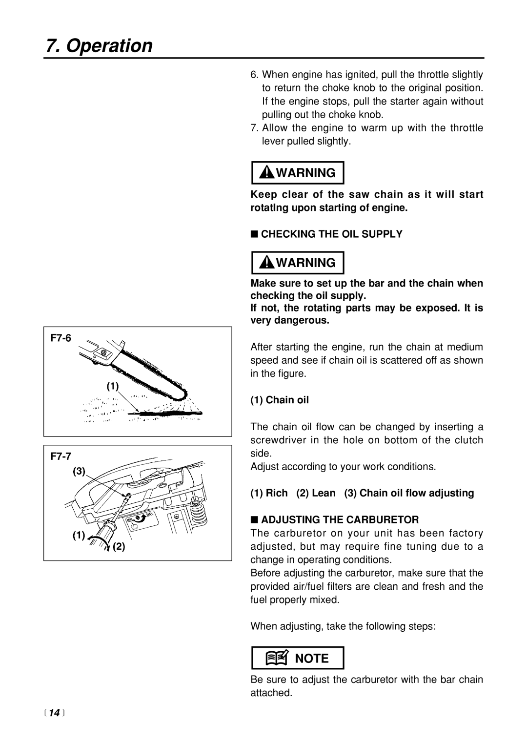 Zenoah G3200 F7-6 F7-7,  14 , Checking the OIL Supply, Rich 2 Lean 3 Chain oil flow adjusting, Adjusting the Carburetor 