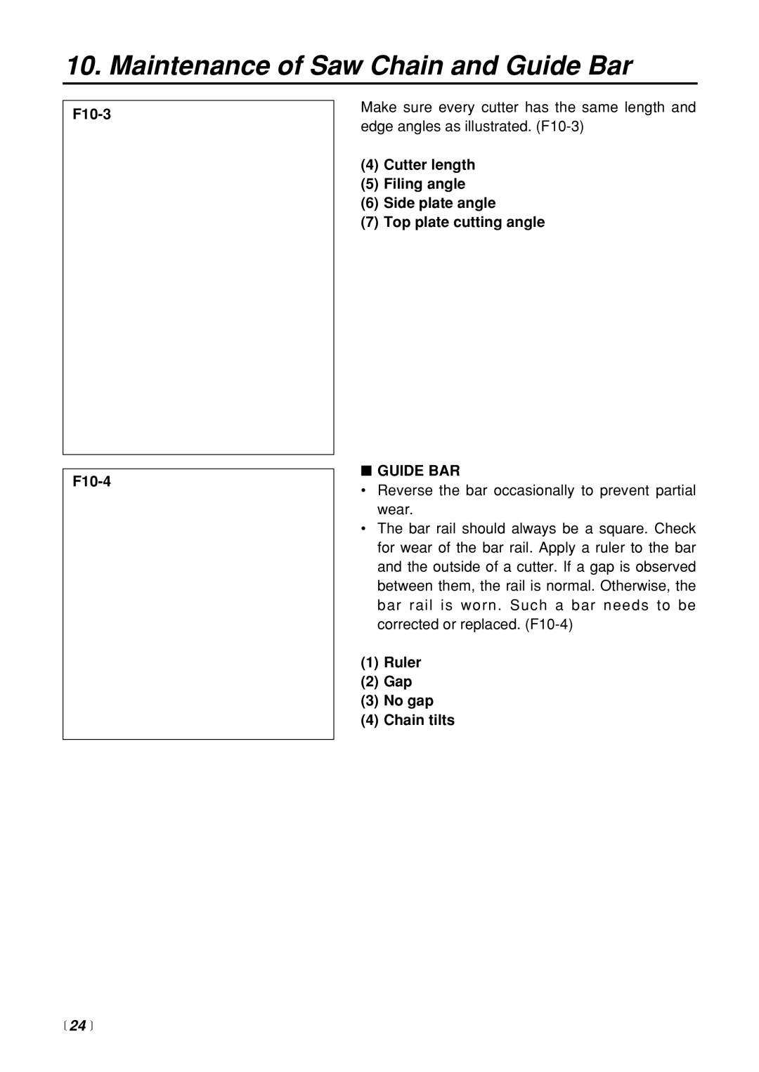 Zenoah G3200 manual F10-3 F10-4, Guide BAR, Ruler Gap No gap Chain tilts,  24  