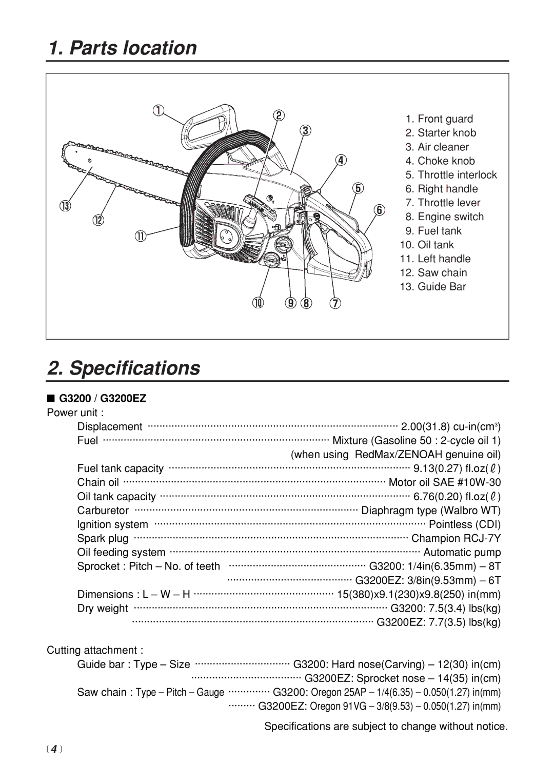 Zenoah manual Parts location, Specifications, G3200 / G3200EZ Power unit,  4  