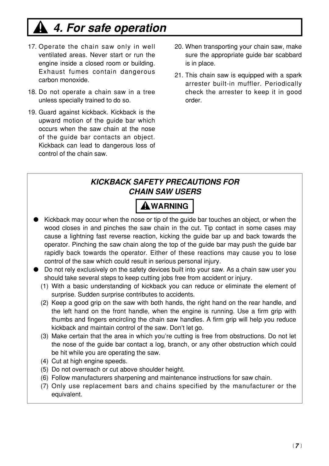 Zenoah G3200 manual Kickback Safety Precautions for Chain SAW Users,  7  