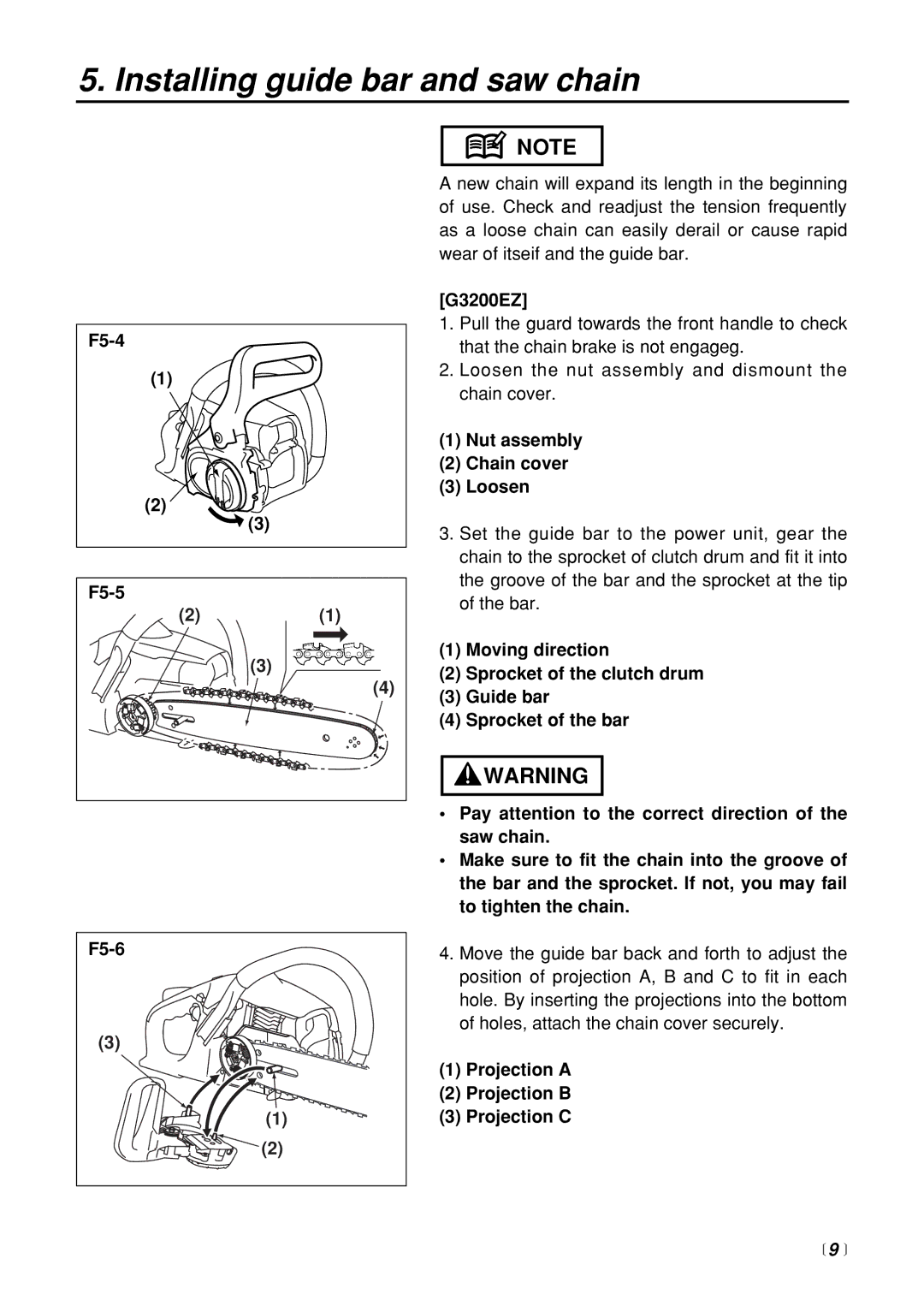 Zenoah manual F5-4 F5-5 F5-6, G3200EZ, Nut assembly Chain cover Loosen, Projection a Projection B Projection C,  9  