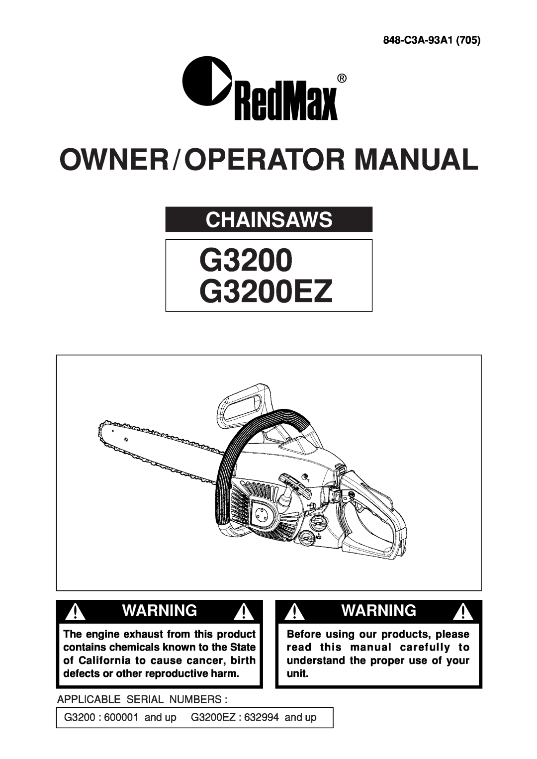 Zenoah manual G3200 G3200EZ, Chainsaws, Owner/Operator Manual, Warningwarning 