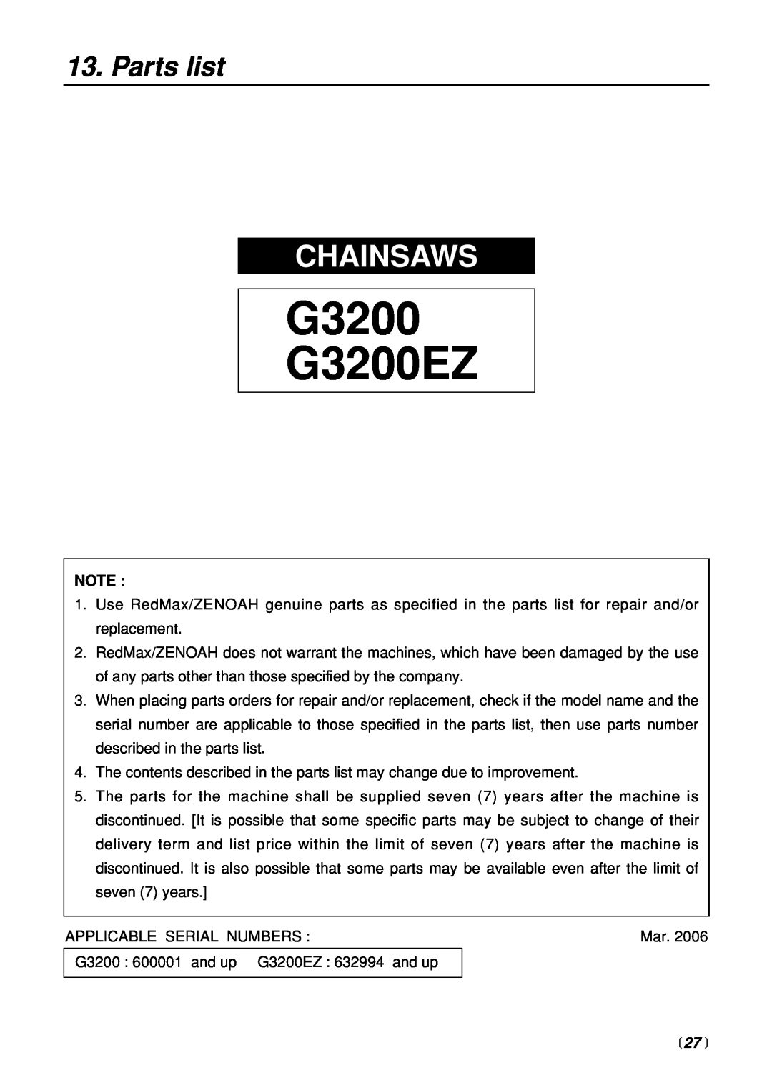 Zenoah manual Parts list,  27 , G3200 G3200EZ, Chainsaws 