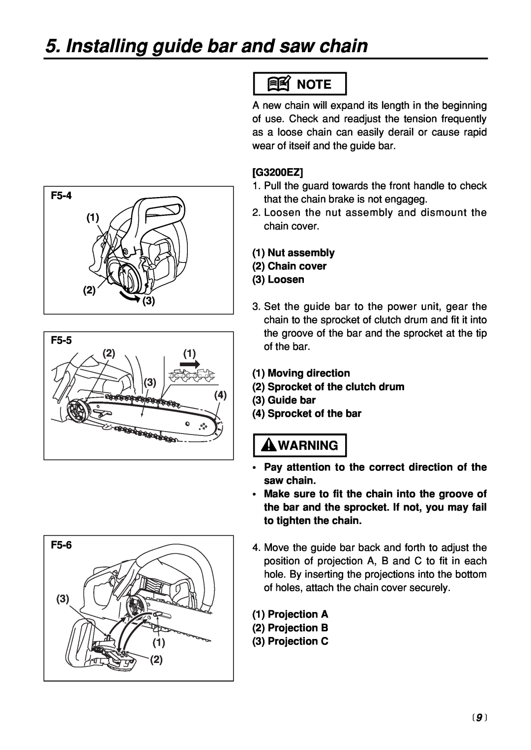 Zenoah G3200 manual  9 , Installing guide bar and saw chain, F5-4 