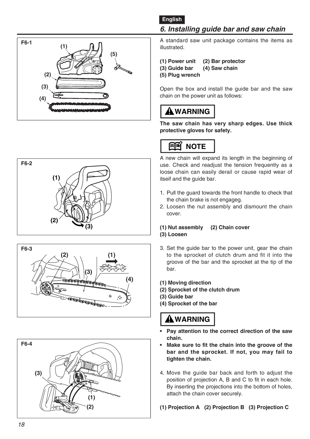 Zenoah G3200EZ manual Installing guide bar and saw chain, F6-1, Power unit Bar protector Guide bar Saw chain Plug wrench 