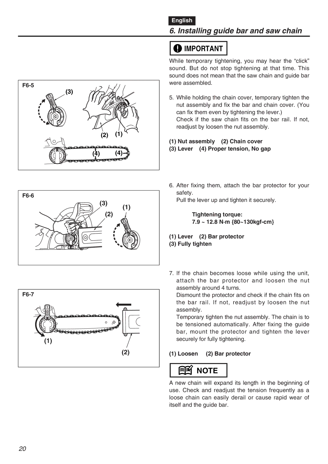 Zenoah G3200EZ F6-5, Nut assembly 2 Chain cover, Lever 4 Proper tension, No gap, F6-6, Tightening torque, Fully tighten 