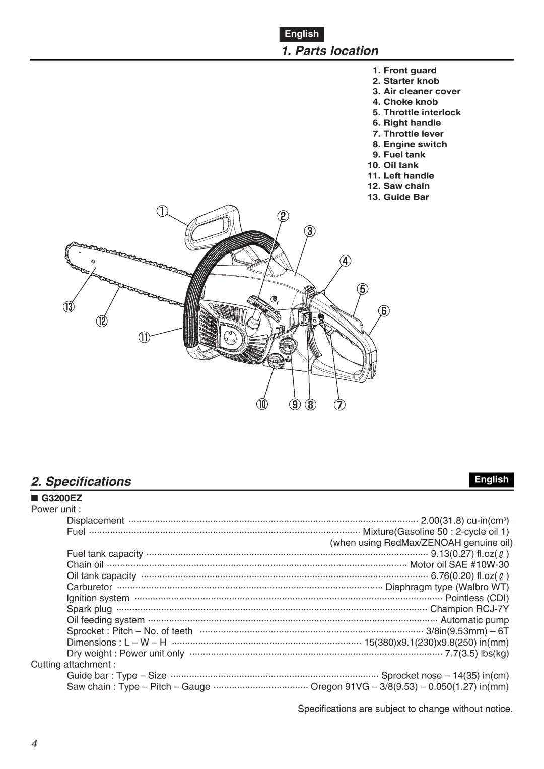 Zenoah manual Parts location, Specifications, G3200EZ Power unit 