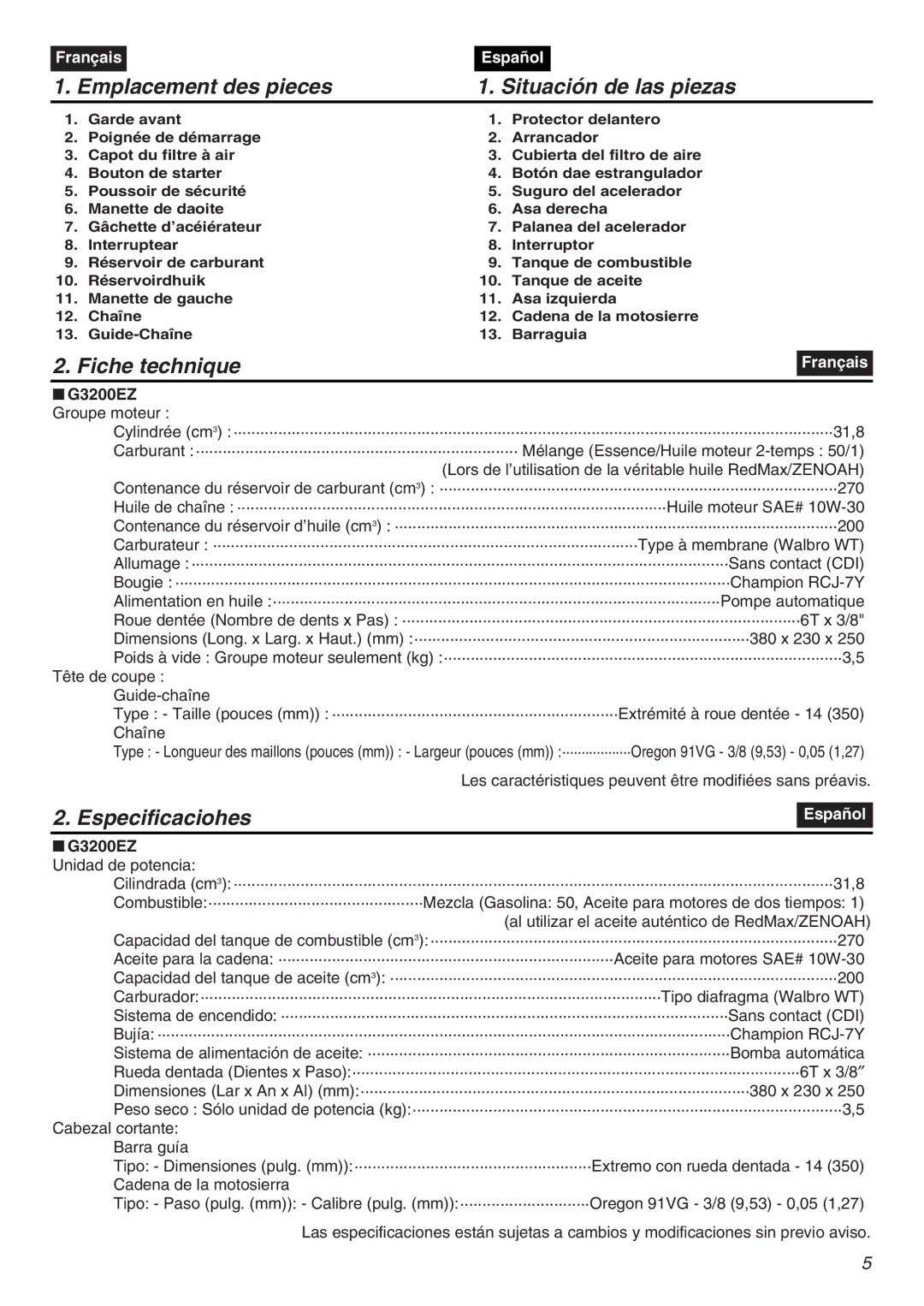 Zenoah manual Emplacement des pieces Situación de las piezas, Fiche technique, Especificaciohes, G3200EZ Groupe moteur 