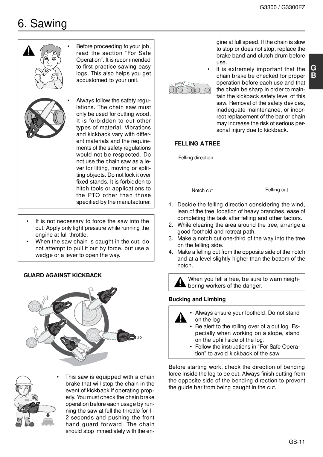 Zenoah G3300EZ owner manual Sawing, Guard Against Kickback, Felling a Tree, Bucking and Limbing 
