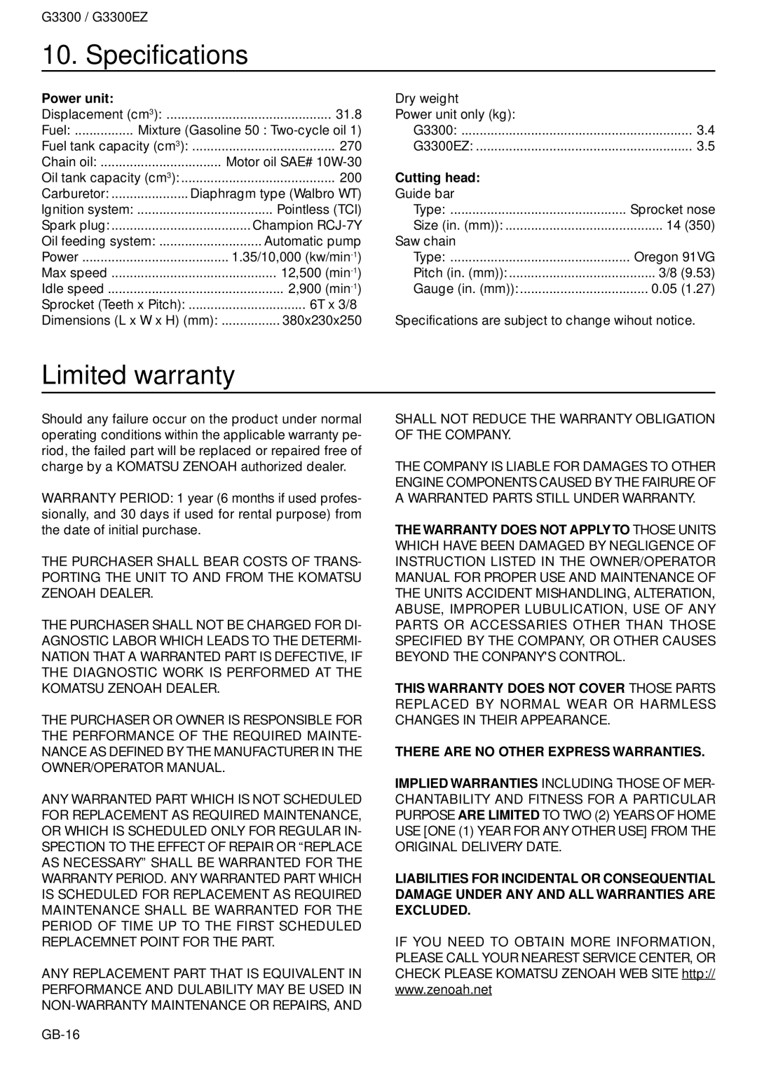 Zenoah G3300EZ owner manual Specifications, Limited warranty, Power unit, Cutting head 