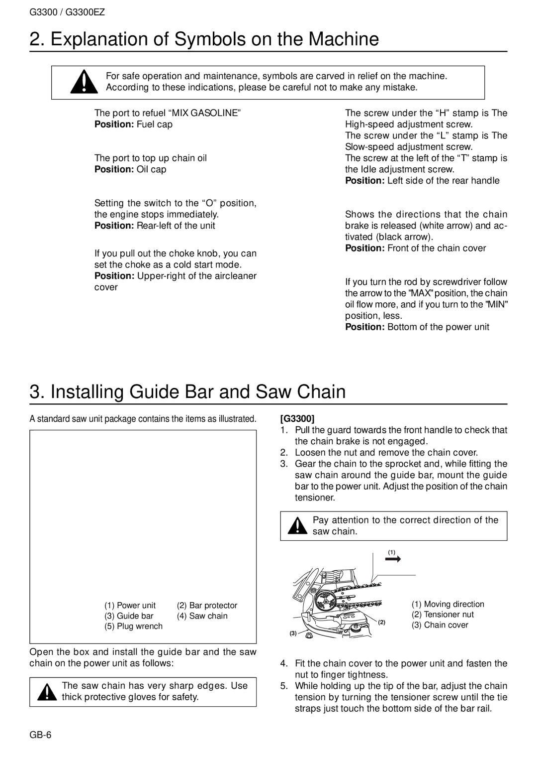 Zenoah G3300EZ owner manual Explanation of Symbols on the Machine, Installing Guide Bar and Saw Chain, Position Oil cap 