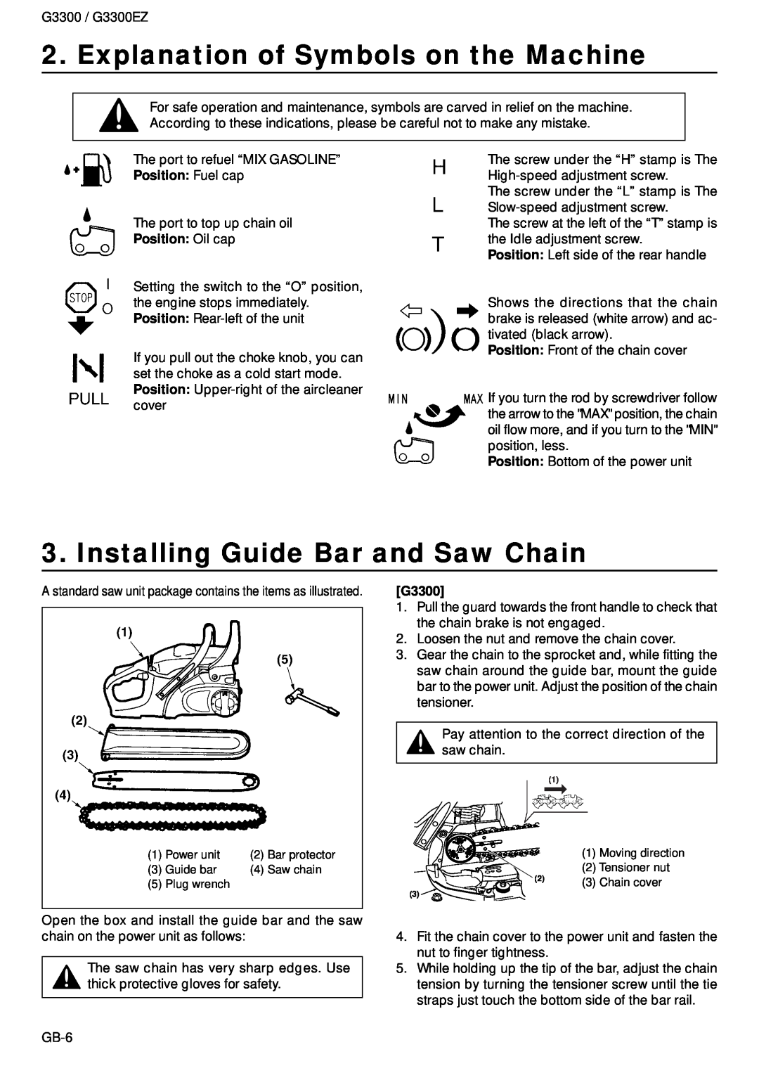 Zenoah G3300EZ owner manual Explanation of Symbols on the Machine, Installing Guide Bar and Saw Chain, Position Oil cap 