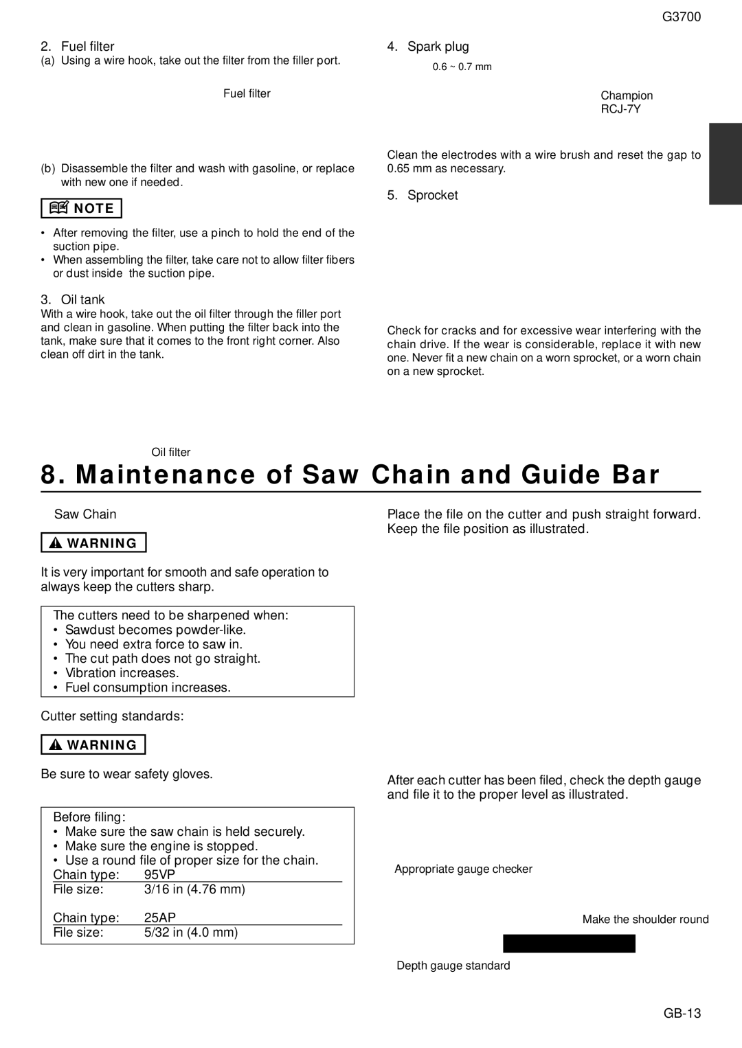 Zenoah G3700 owner manual Maintenance of Saw Chain and Guide Bar 