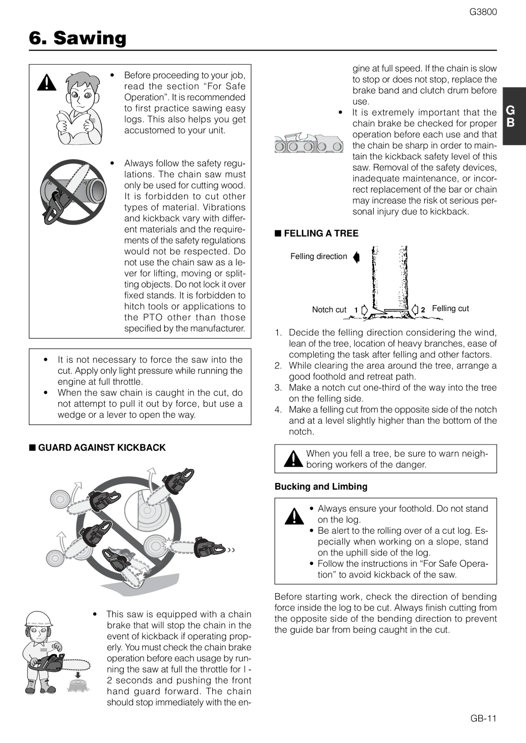 Zenoah G3800 owner manual Sawing, Guard Against Kickback, Felling a Tree, Bucking and Limbing 